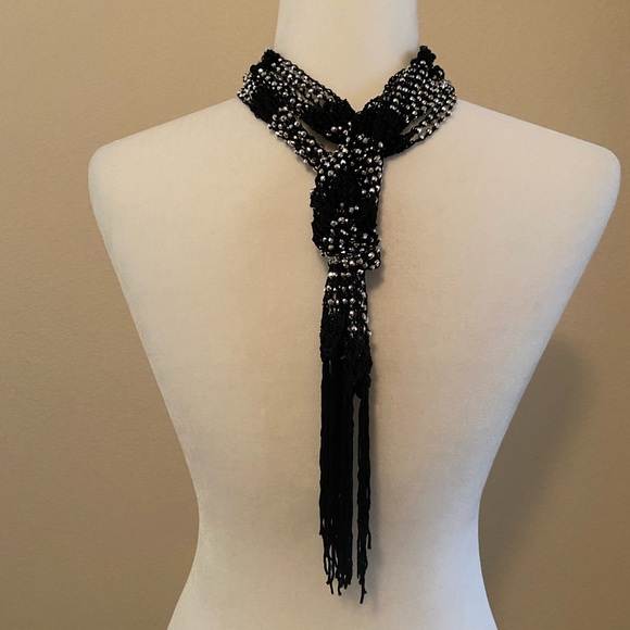 Two Pack Crocheted Beaded Necklace/Belt Jewelry Black/Silver and Blue/Silver - Picture 4 of 14